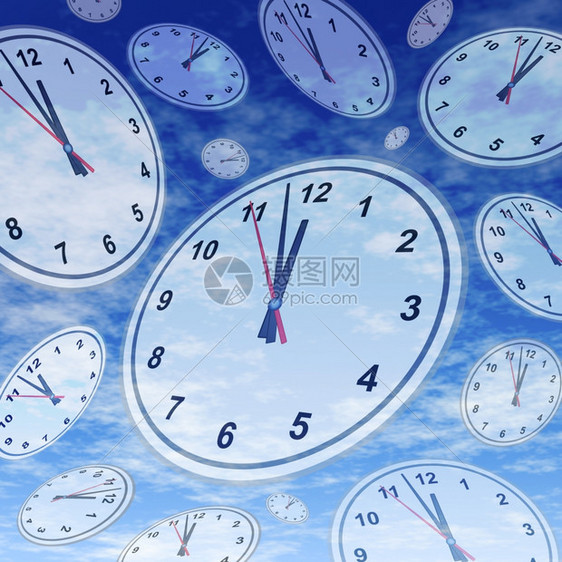 以及紧急商业约会作为最后一分钟的标志表明时间已经用完了时钟和手表漂浮在太空蓝天背景上的压力图片