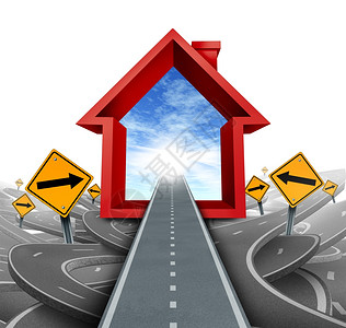 房地产服务和购者建议使用抵押贷款经纪人或住房销售代理帮助家庭通过混杂的选择和作为带有混乱道路和标志的红家庭图片