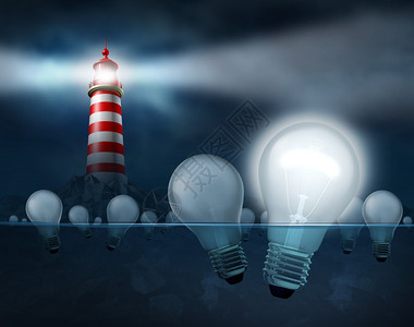 寻找最佳想法和发明成为应对经济挑战的商业解决方案灯塔闪烁一束光寻找水中的灯泡图片
