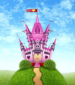 神奇的粉色城堡是一个幻想中的公主在青草山顶上拥有一个趣的王室一条金色的道路女孩们做玩具梦或想一个神话故事充满心形和魔法优雅的神话图片