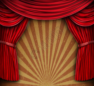 红天鹅绒窗帘或在古老的墙壁上作为辐射太阳破灭的设计作为表演艺术的娱乐背景或一项重要公告件有趣的事通讯信息图片