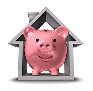 房屋结构象征着住房工业按揭储蓄计划住宅税收储蓄战略或支付租金的出房产其屋结构象征着一家粉红色陶瓷小猪银行的房屋财务和地产融资图片