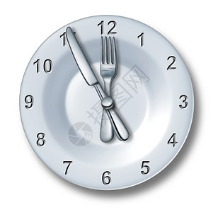 午餐时间用概念盘子上有叉和刀形状是时钟数字白种背景食物和饮料餐业中食时间或快餐娱乐的象征图片