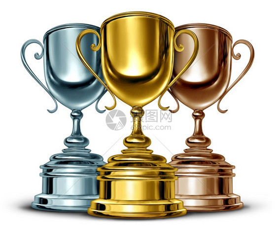 金银和铜奖杯是体育或比赛中最好的三个获奖者是体育或比赛中作为一场重要白人活动领导团体的育风范和成功象征图片