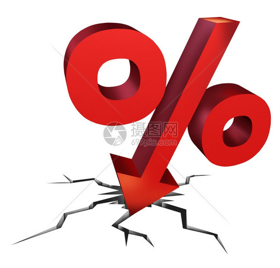 作为经济崩溃的象征利率下降作为红色百分率的标志因为要支付的钱减少或白底投资决定不力图片