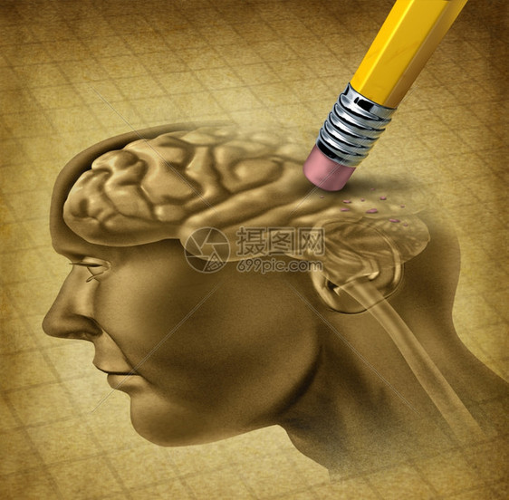 老年痴呆症脑功能丧失和记忆作为神经学和精问题的医学保健象征用铅笔擦拭器将旧纸上的头部解剖除掉图片
