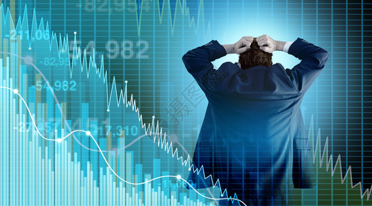 金融危机和经济或恐惧以及股票市场与经纪人或金融顾问投资者以恐慌方式3个插图要素作为公司衰退和金融风险以3个插图要素出售股票市场背景图片