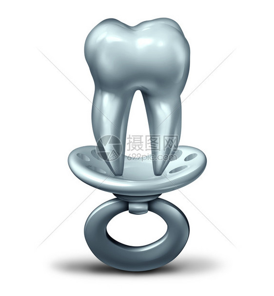 婴儿牙齿健康口腔护理或牙齿症状和诊断作为牙形或奶嘴作为三维插图解图片