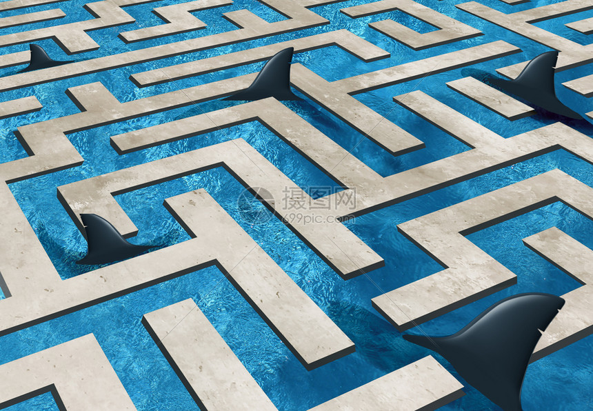 风险商业和保标志是一个迷宫池充满危险鲨鱼有3个插图元素