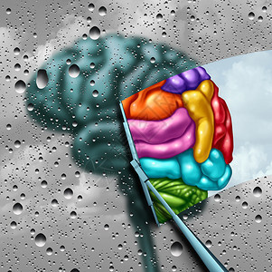 作为灰色模糊的大脑创造力窗户上滴水作为擦拭器清除了混乱将创意思维作为自闭症和心理的象征并加上3d插图元素图片