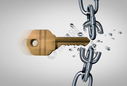 打破链条和作为关键断裂金属链接的开锁概念作为3d的安全和商业成功图标打破链条背景图片