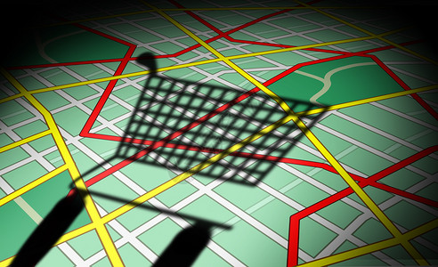 销售地图采购和电子商务销售是三个插图要素所购货物分销区的车影背景