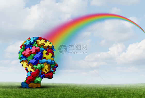 作为发育精神失常综合症作为儿童脑中的非语言交流行为以治疗和成功的希望彩虹作为三维插图图片
