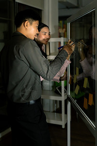 年轻的亚洲工作者们晚上在办公室用白板安排会议内容图片