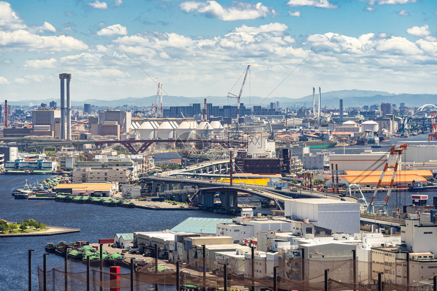 用于进口出口航运和全球商业背景的Kansijpn的KobeHygkansiJpn空中观察城市风景和港口工业区图片