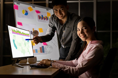 年轻的亚洲商人和女商人在办公室用台式计算机在白板上工作到深夜在办公室用白板分析工作图片