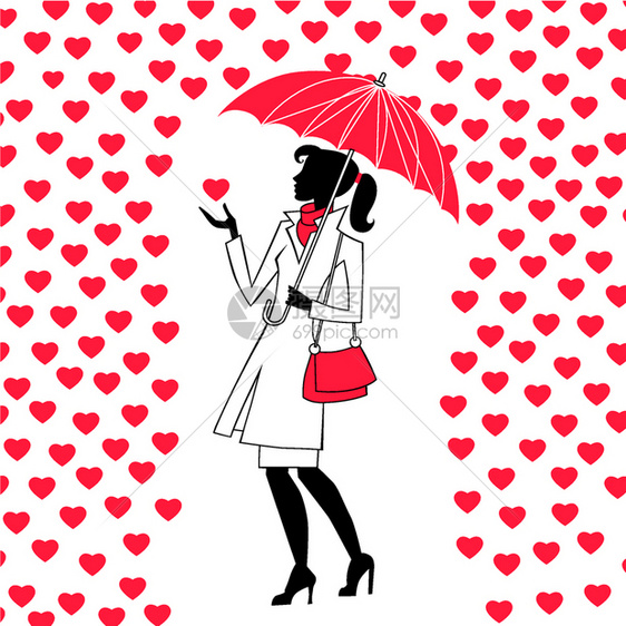 女人打伞走在爱心雨里图片