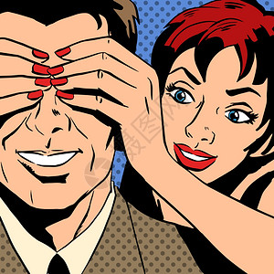 航拍谁女人在后面蒙住男人的双眼插画