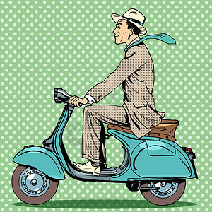 一个骑着小型绿色摩托车行驶在路上的男人图片