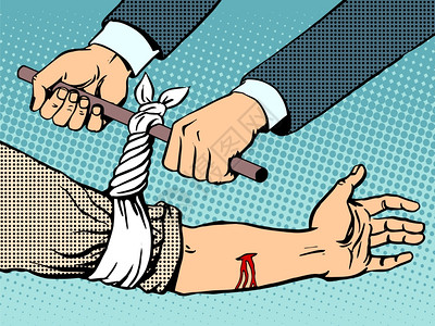 红色的书绷带止血受伤后波普艺术复古风格手救手血受伤后用绷带止血