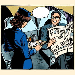 飞机上乘务员给看报纸的商务乘客送餐饮图片