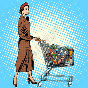购物和销售的商业概念妈和家庭预算装满食品的杂货车图片