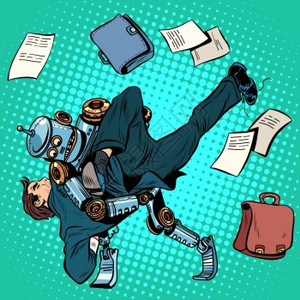 程序员和机器人摔跤复古卡通插画图片