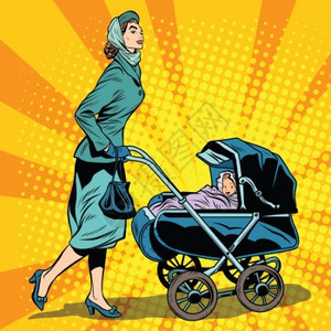 时尚母亲推婴儿车散步复古卡通插画图片