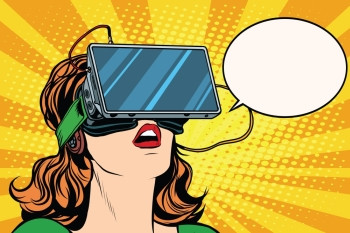 妇女使用虚拟现实头盔vr眼镜矢量图片