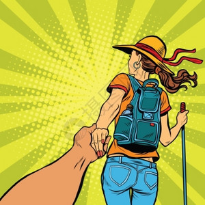 波普风年轻的女旅行者带着一个旅行背包矢量插图图片