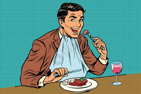 优雅的复古男人在餐厅吃饭喝插画图片