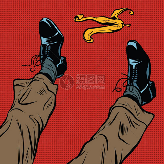 滑倒在香蕉上的身穿皮鞋的男士流行艺术复古漫画图解图片