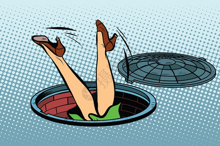 井盖女人掉进城市下水道矢量插画插画