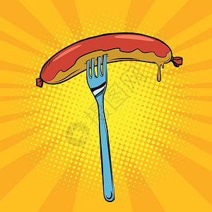 叉子上烤香肠流行艺术回放矢量插图图片