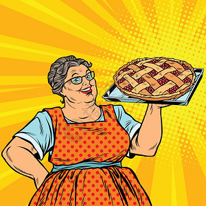 带果馅饼的快乐女人流行艺术矢量插图图片