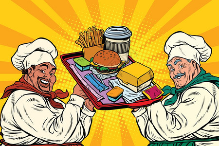 多民族厨师快餐流行艺术回放矢量插图图片