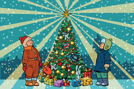 两个小男孩站在圣诞树下抬头看向顶端发出的光芒图片