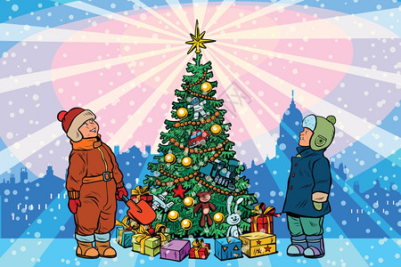 两个小男孩站在圣诞树下抬头看向顶端发出的光芒插画