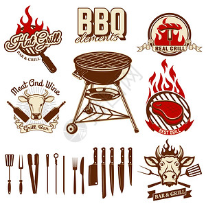 烧烤工具烧烤标签的一套设计要素一套厨房工具矢量图插画