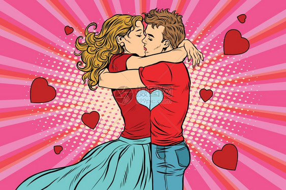 波普风情侣亲吻情人节的男女孩流行艺术复古矢量浪漫的约会年轻人插图图片
