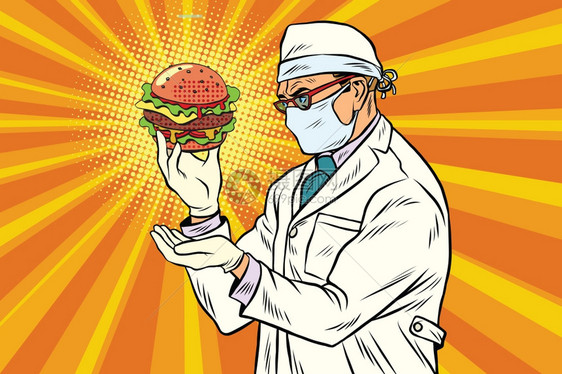 流行艺术回放矢量说明科学家营养和汉堡快餐图片