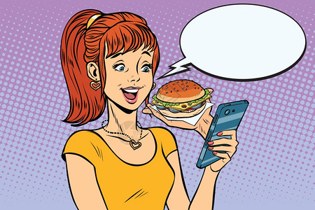 年轻女孩使用智能手机点餐图片