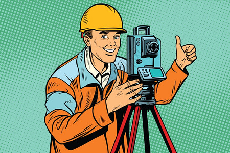 大地远点带有测量仪的建筑工人矢量插画插画