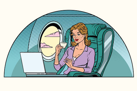 在飞机上工作的女商人图片