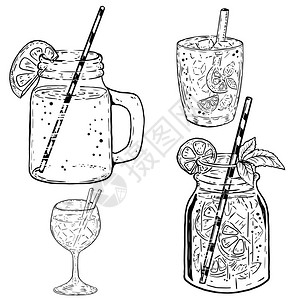 薄荷鸡尾酒在白色背景上画出一组夏季鸡尾酒海报符号菜单矢量图解的设计元素插画