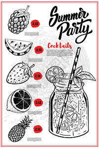 鸡尾酒菜单封面布局菜单粉笔板上面有手画的草莓柠檬西瓜草莓菠萝的插图图片