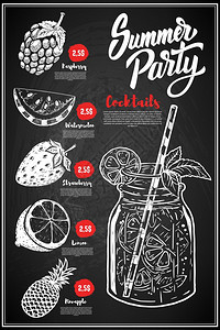 鸡尾酒菜单封面布局菜单粉笔板上面有手画的草莓柠檬西瓜草莓菠萝的插图背景图片