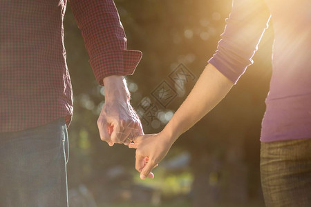 秋天公园的一对幸福情侣手牵看着日落情人节的概念图片