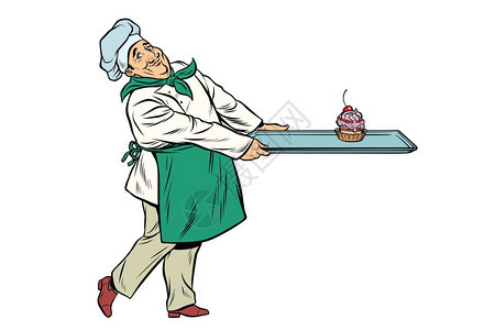 厨师送来一盘甜点蛋糕流行艺术复式漫画向量插图图片