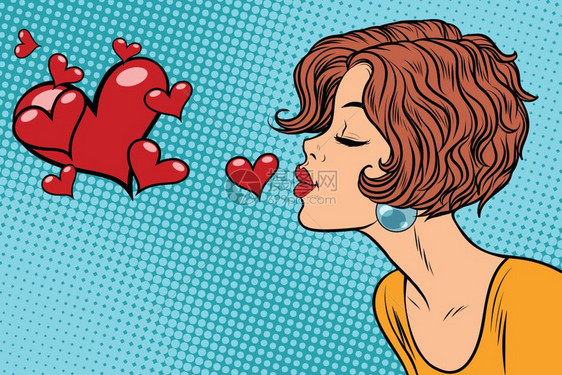 流行艺术矢量插图女人亲吻心脏图片